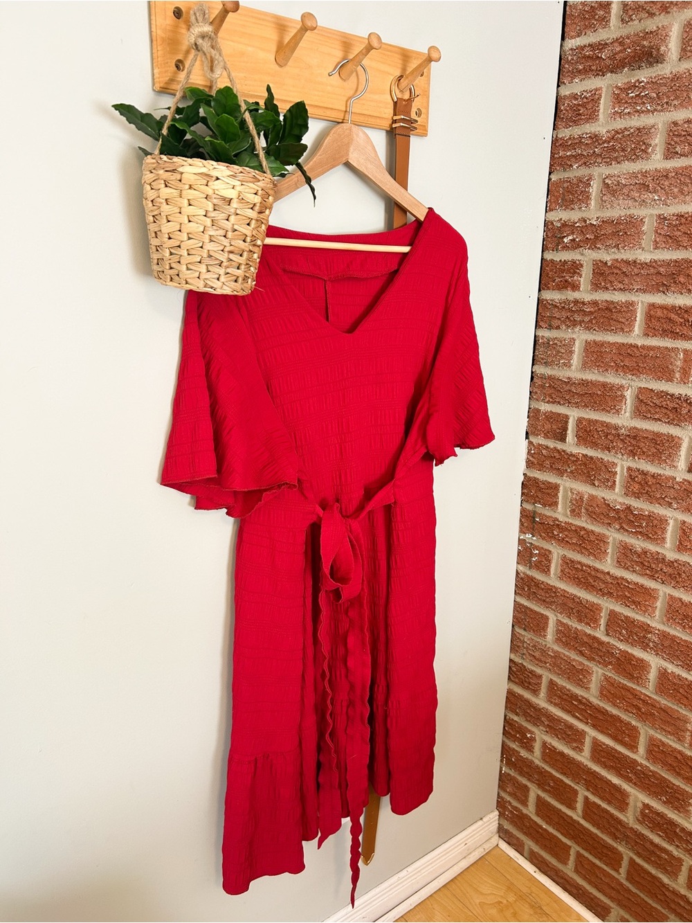 SHEIN Red V-Neck Tie-Waist Midi Dress
